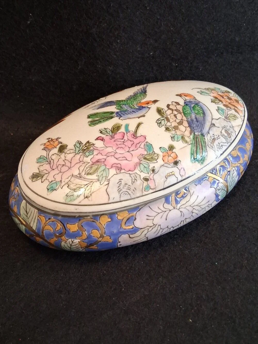 VTG Made in China Chinoiserie Ceramic Oval Trinket Box Bird & Floral Gold Accent - Picture 3 of 13